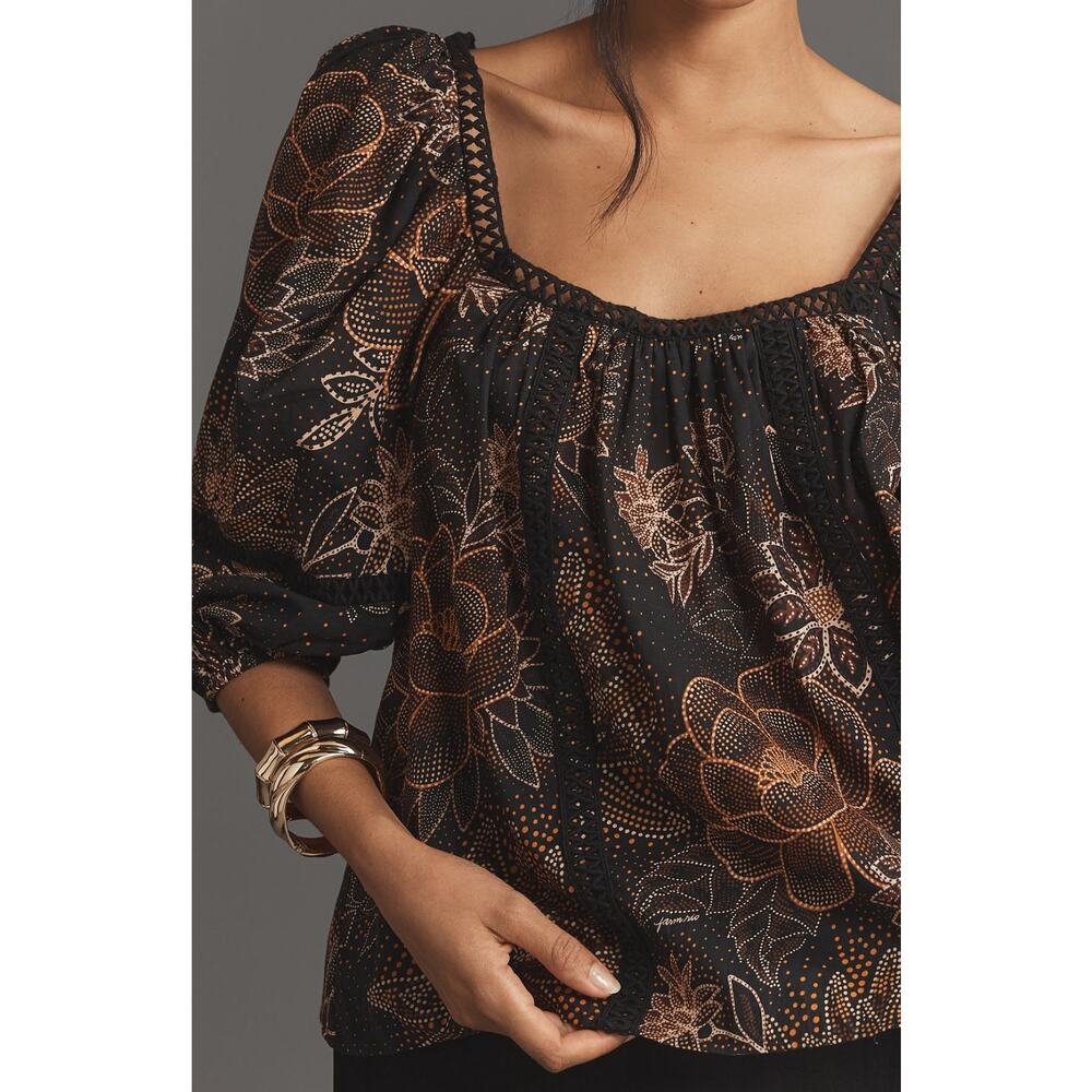 FARM Rio Lace Inset Peasant Black with Copper Floral Print and Puff Sleeves - Picture 3 of 8